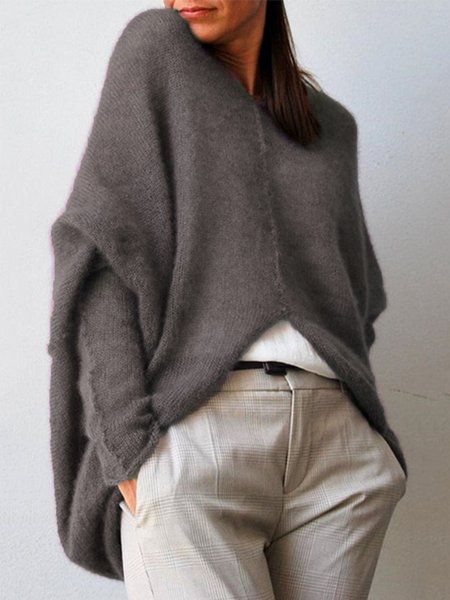 

Casual V Neck Long Sleeve Solid Sweater, Gray, Pullovers
