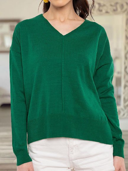 

Loosen Basics V Neck Long Sleeve Sweater, Green, Sweaters