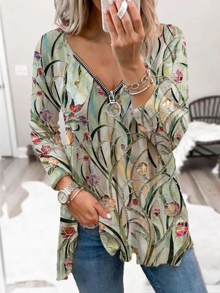 

Loosen Pants Printed Long Sleeves V Neck Zipper Shirts & Tops, Green, Tops