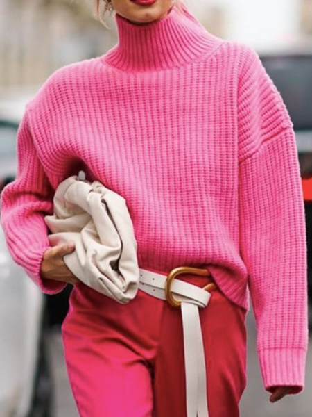 

Winter High Neck Plain Simple Slightly stretchy Sweater, Deep pink, Pullovers