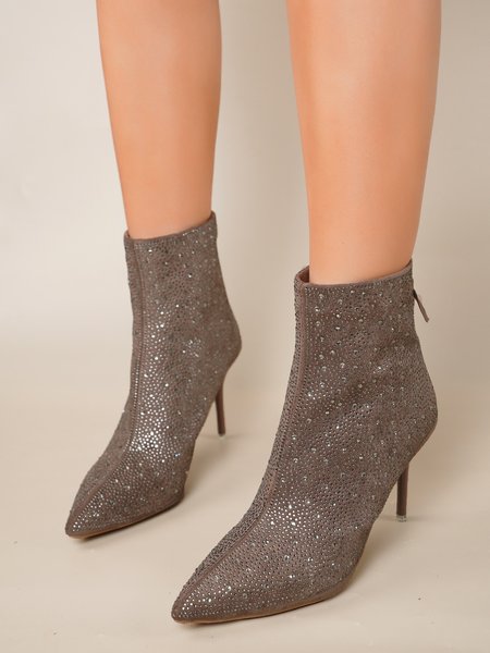 

Elegant Rhinestone High Heel Pointed Boots, Khaki, Boots