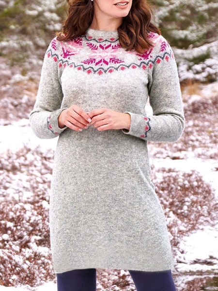 

Vintage Geometric Tribal Printed Long Sleeves Crew Neck Plus Size Casual Dresses, Gray, Mini Dresses