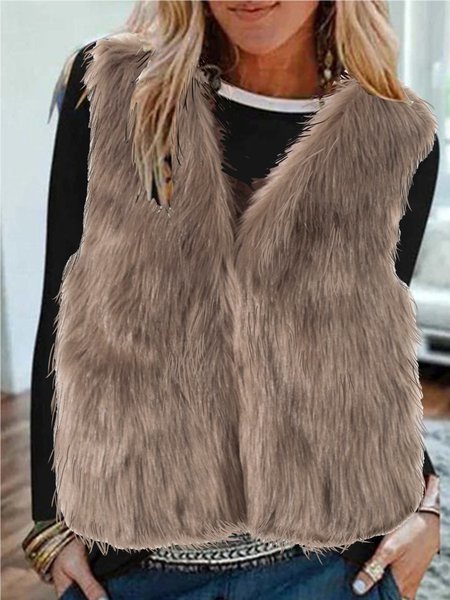 

Loosen Casual Faux Fur Vests, Khaki, Tank Top