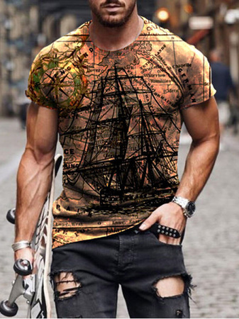 

Casual Crew Neck Short Sleeve T-shirt, Brown, T-Shirts