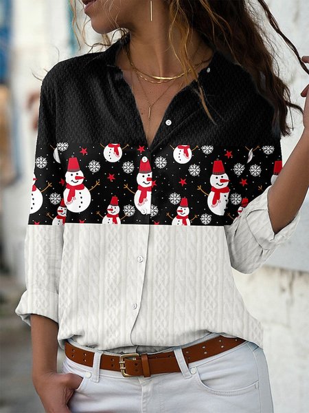 

Christmas Casual Lapel Buttoned Shirts & Tops, Black-white, Shirts & Blouses