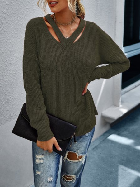 

Long Sleeve Solid Lady V Neck Sweater, Army green, Pullovers