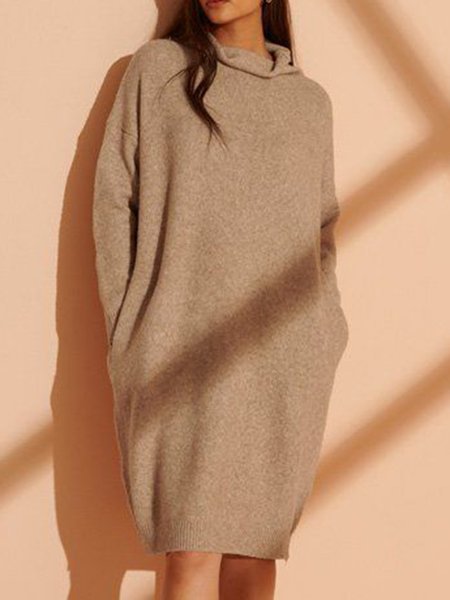 

Solid High Neck Elegant Long sleeve Dress, As picture, Midi Dresses