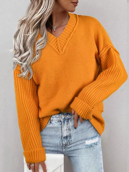 

Casual V Neck Solid Long Sleeve Sweater, Yellow, Knitwear & Sweaters