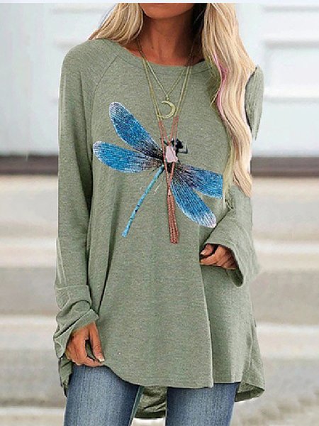 

Casuale Libellula Stampato Maniche Lunghe Girocollo Top, Grigio, Tops