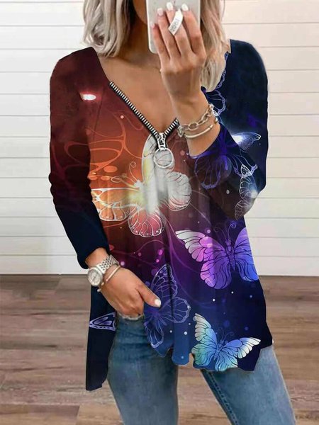 

Casual Butterfly Printed Long Sleeve Loosen Shirts & Tops, As picture, Tops