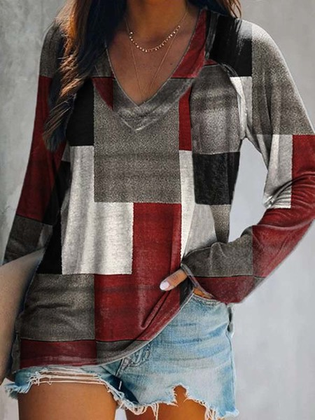 

Maniche Lunghe Scollo a V Multicolore Casuale Top, Blouses & Shirts