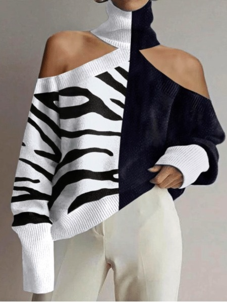 

Winter Statement Long sleeve High Neck Slightly stretchy Sweater, Black-white, Pullovers