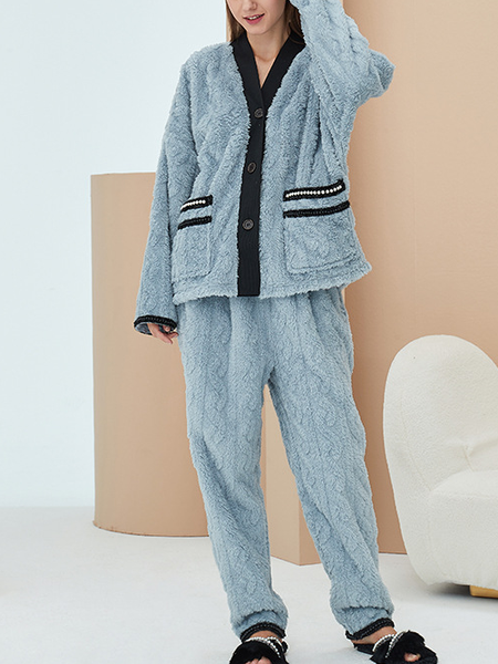 

Fluff/Granular Fleece Fabric Off Shoulder Pockets Suits, Blue, Suit Set