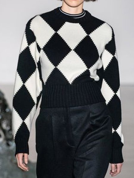 

Long sleeve Crew Neck Work Sweater, Black-white, Pullovers