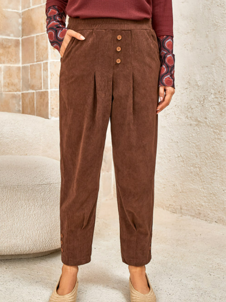 

Plain color, no pattern, no stretch, loose pocket, nail button Capris, women, Coffee, Pants