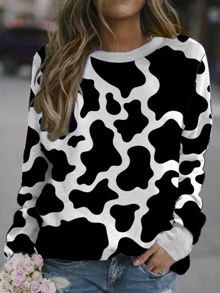 

Casual Cow Pattern Round Neck Sweatshirt, Black-white, Hoodies&Sweatshirts