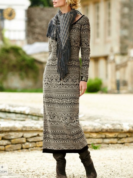 

Tribal Printed Casual Vintage Elegant Maxi Dresses, Brown, Maxi Dresses