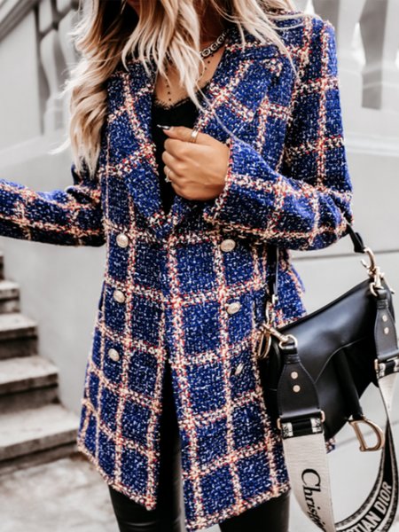 

Long Sleeve Grid Lady Outerwear, Blue, Coats