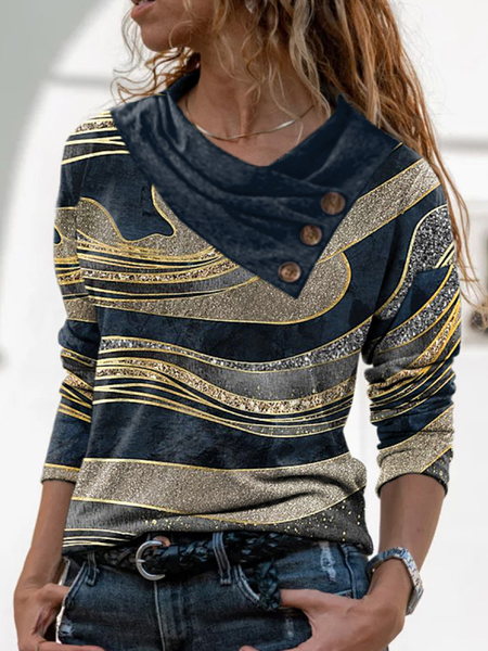 

Fashion Art Print Sequin Color Block Button V-neck Top Women, Multicolor, Long sleeve tops