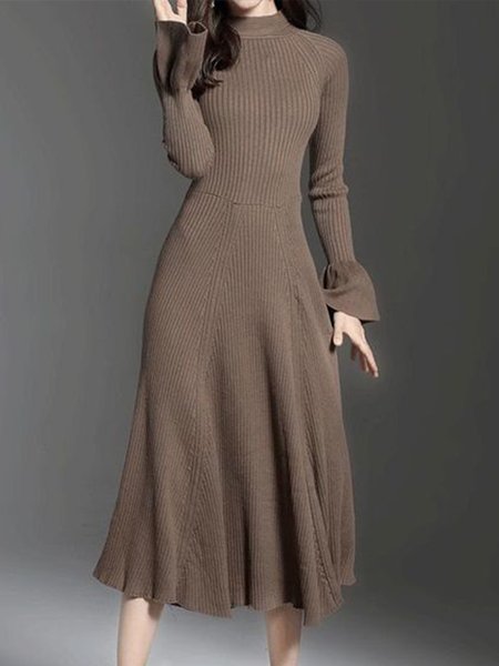 

Elegant Crew Neck Slim Fit Sweater Dress, Coffee, Midi Dresses