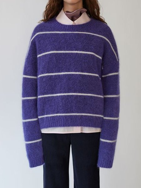 Off Shoulder Regular Fit Striped Elegant Sweater, Blue, Pullovers
