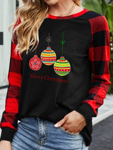 

Christmas print round neck stitching plaid long-sleeved T-shirt, Black, Hoodies&Sweatshirts