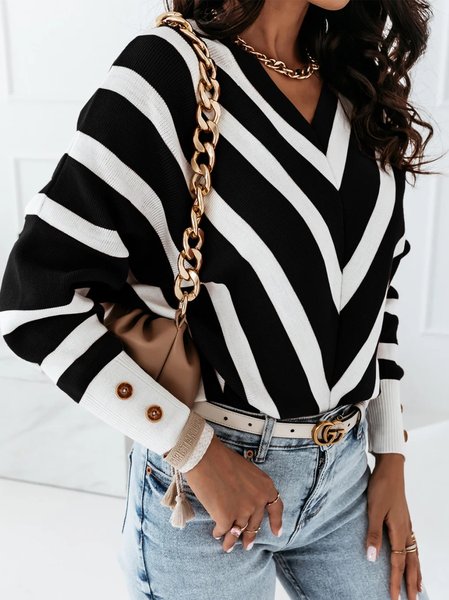 

Geometric Striped V Neck Sweater, Black-white, Sweaters & Cardigans