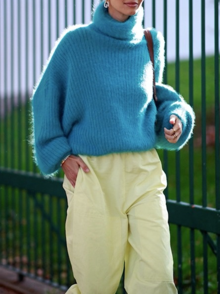 

Winter Simple High Stretch High Neck Date Daily Sweater, Blue, Pullovers