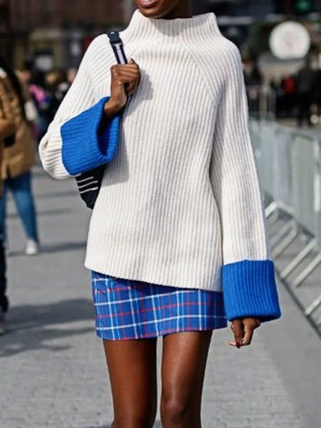 

Winter Stand Collar Color Block Loosen Long sleeve Daily Sweater, White, Pullovers