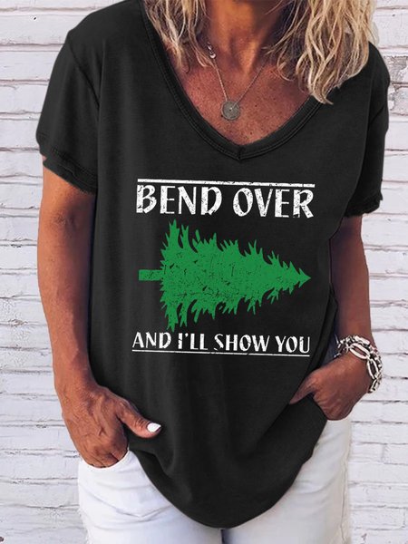 

Fun graphic print V-neck short-sleeved T-shirt, Black, T-shirts