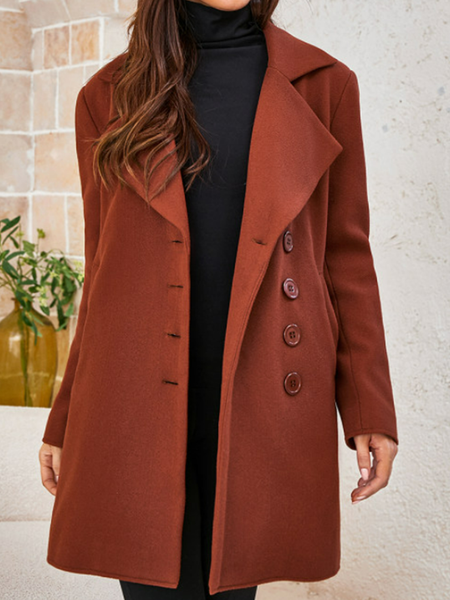 

Long sleeved Lapel plain patterned medium length wool coat, Coffee, Coats