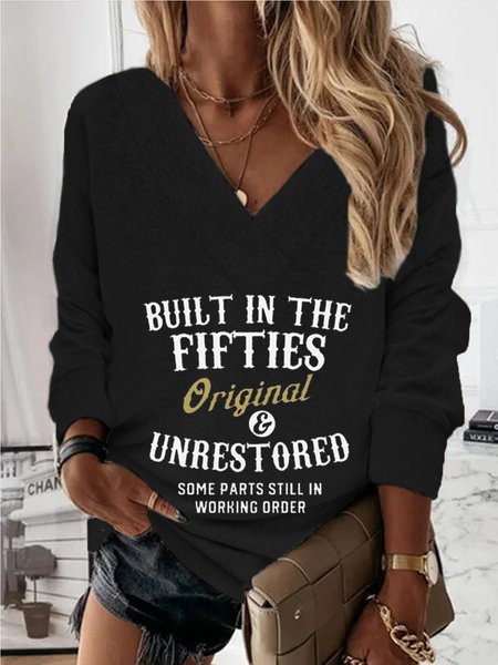 

Casual V neck Letter Long Sleeve Loosen Shirts & Tops, Black, Tops