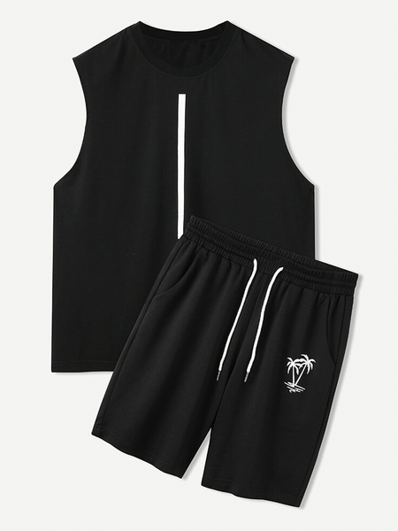 

Short Sleeve Crew Neck Vacation Suits, Black, Men's sets