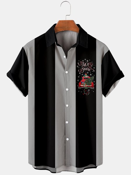 

Mens Christmas Snow Trunk Printed Casual Breathable Short Sleeve Shirts, Black, Men's Floral shirt