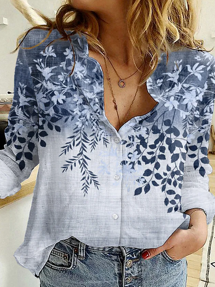 

Floral Shirt Collar Casual Shirts & Tops, Blue, Shirts & Blouses
