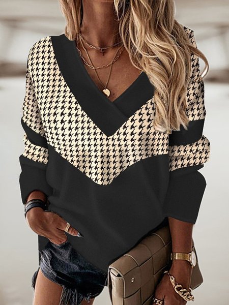 

Houndstooth Printed V Neck Casual Loosen Shirts & Tops, Black, Tops
