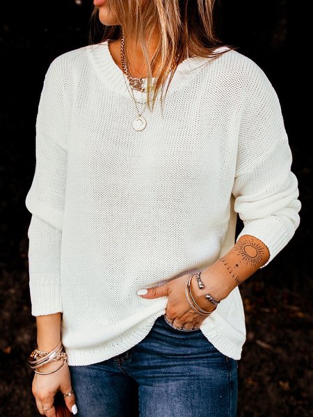 

Round Neck Wool/Knitting Sweater, White, Sweaters & Cardigans
