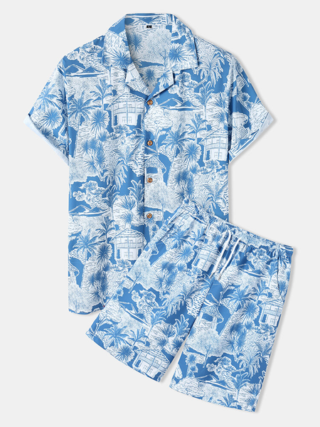 

Short Sleeve Plants Sporty Suits, Blue, Men's sets