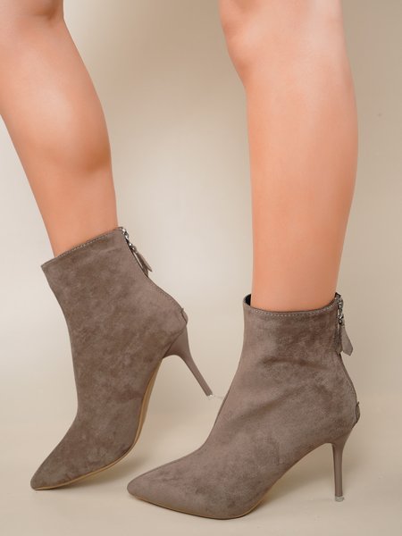 Simple Suede High Heel Pointed Ankle Boots, Khaki, Boots