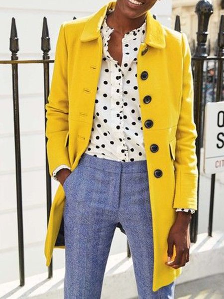 

Solid Lapel Elegant Long sleeve Outerwear, Yellow, Coats