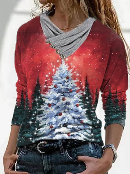 

Christmas Long Sleeve Casual Printed Cowl Neck Shirts & Tops, Red, T-Shirts