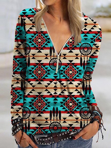 

Simple Regular Fit Tribal Raglan Sleeve Shirts & Tops, Multicolor, Tops