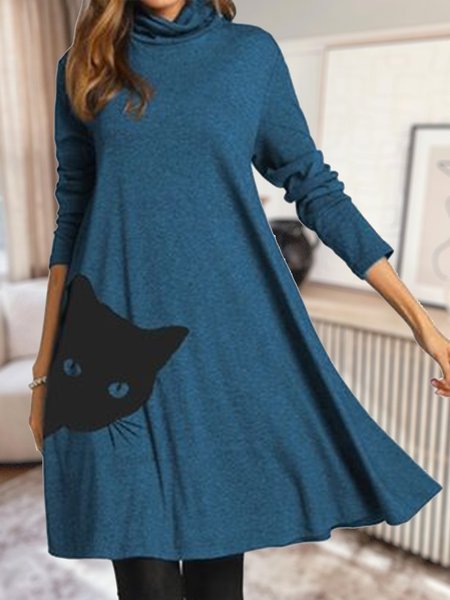 

Animal Cowl Neck Casual Dresses, Dark_blue, Casual Dresses
