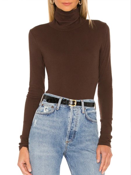 

High Neck Solid Simple Basics Knit Top, Coffee, Tops