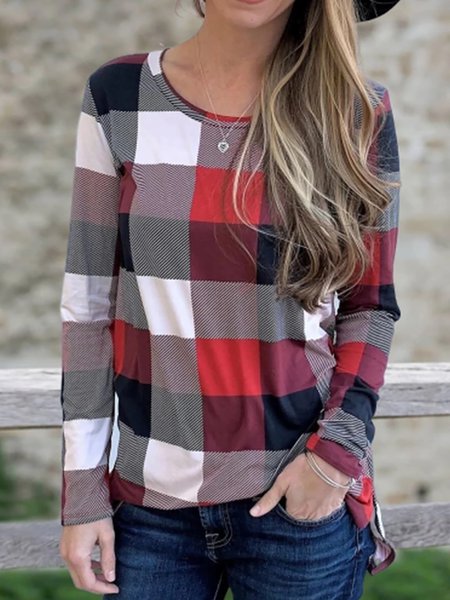 

Vintage Regular Fit Grid Long Sleeves Shirts & Tops, Red, Tops