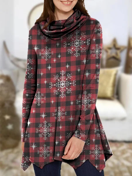 

Christmas grid & snow Cotton Blends Statement Cowl Neck Shirts & Tops, Black-red, Long sleeve tops