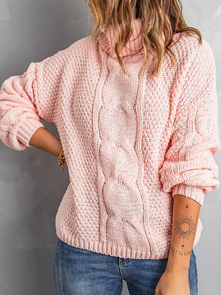

Women Casual Winter Solid Mid-weight High Elasticity Long sleeve Turtleneck Wool/Knitting Off Shoulder Sleeve Sweater, Pink, Sweaters & Cardigans