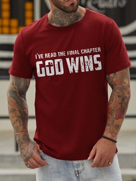 

I've Read The Final Chapter God Wins Crew Neck Cotton Blends Short Sleeve T-shirt, Red, T-shirts