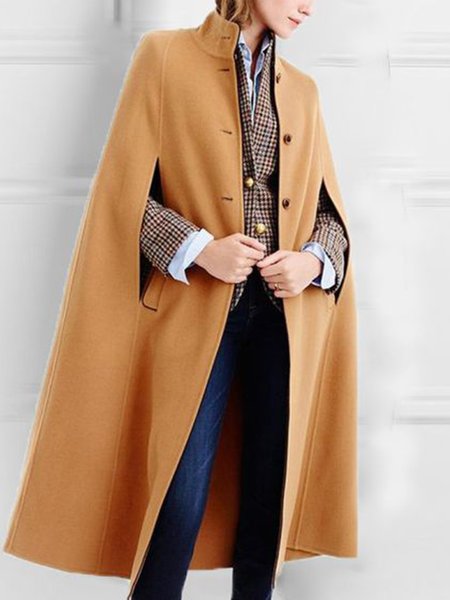 

Elegant Solid Stand Collar Regular Fit Outerwear, Khaki, Coats