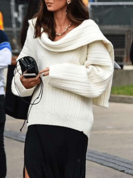

Winter Loosen Asymmetrical Neck Long sleeve High Stretch Sweater, White, Pullovers